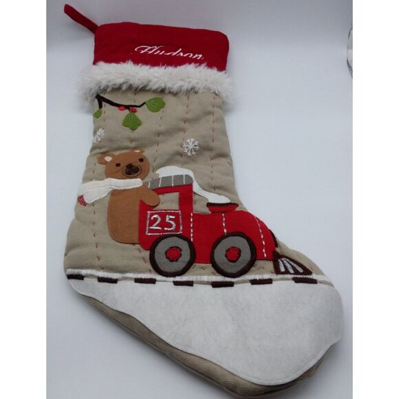 Pottery Barn Kids Hudson Woodland Bear Train Christmas Holiday Stocking Quilted - Picture 10 of 10